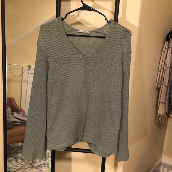 Zara V-neck Wide-sleeve Blue-Green Sweater - Picture 3 of 4